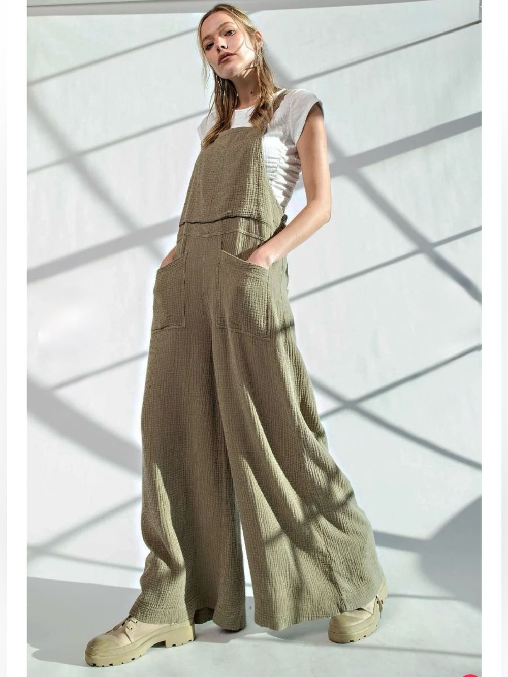 New: Easel Here I am Mineral Washed Adjustable Tie Straps Wide-Leg Jumpsuit• M